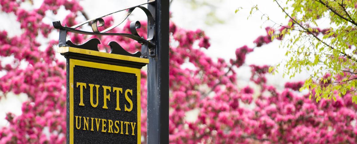 Tufts sign with pink flowers